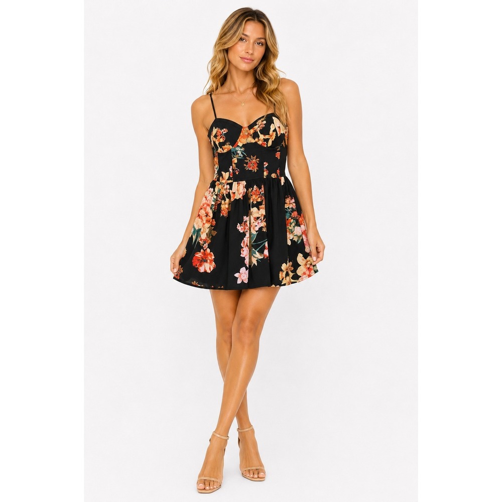 Land of Gypsies Women Black Floral Bustier Mini Dress Size L Sweetheart Neckline